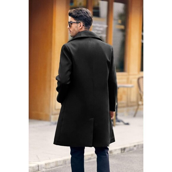 Men's Black Double-Breasted Trench Coat with Lapel Collar for Business & Winter - Picture 4 of 5